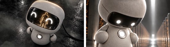 Close-up stills of Seven: reflected human-memory imagery (left) and the robot’s restrained facial display (right).