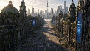 Figure 2. Environment concept of the film: a vegetation-dominated wasteland in the ruins of Shanghai, with  the “SAVE HUMANITY” billboard.