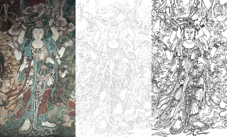 Fig. 1. Comparison of an original mural image, an AI-extracted line drawing, and a manually traced line drawing. (a) Original image; (b) automatic extraction; (c) manually traced line drawing.