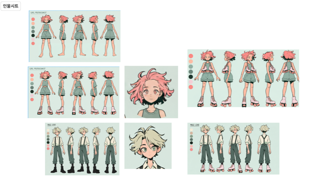 Character-design reference sheets showing multiple views of the two protagonists and their roller-skating designs.