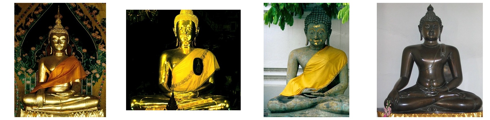 Four images filed under the single source category Statues of the Buddha seated in Thailand. They record four different statue instances, held at Wat Arun, Wat Pho, Wat Ratchabopit, and Wat Benchamabophit respectively. A source category is therefore not equivalent to a statue instance.