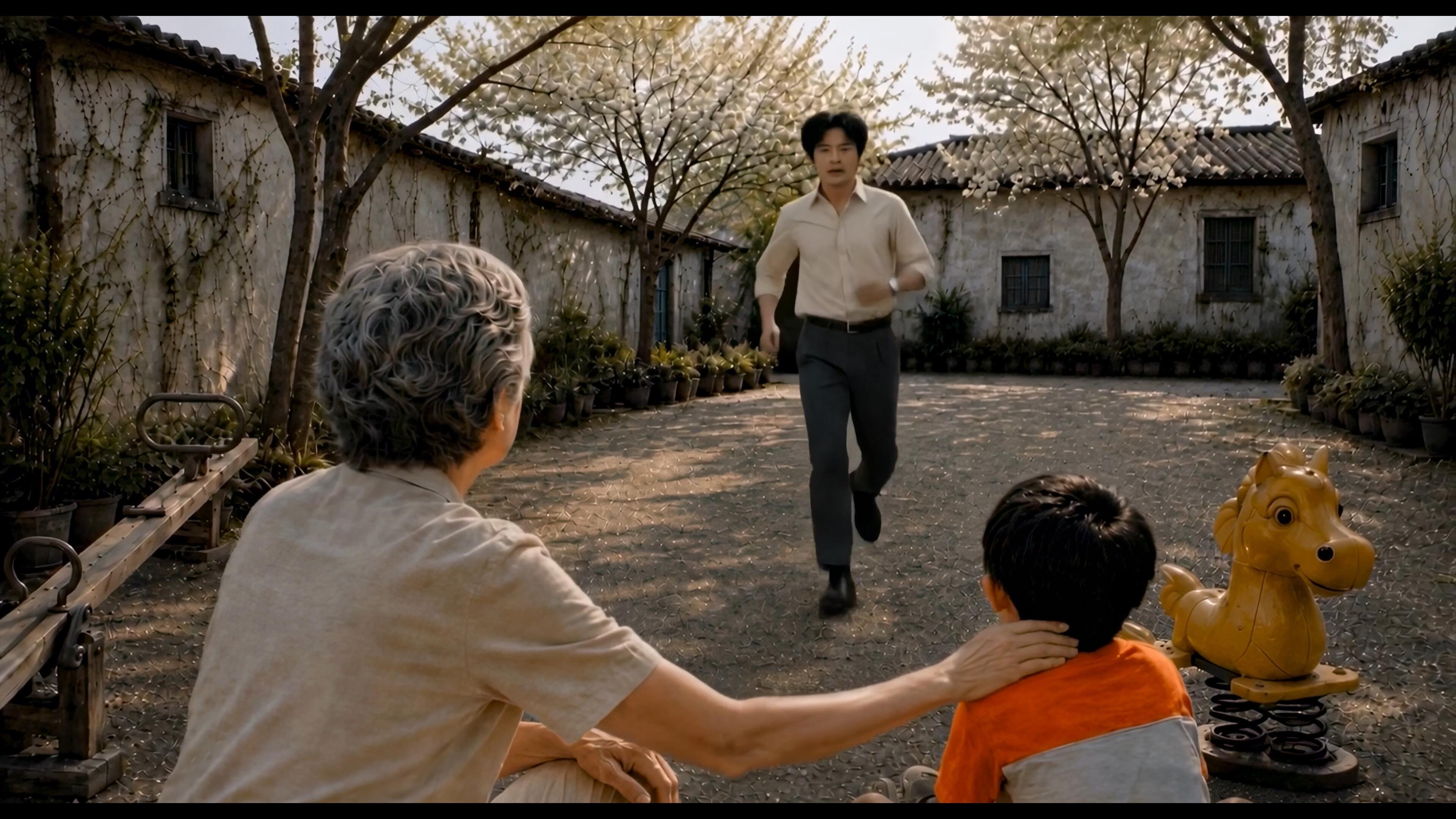 Spatial and eyeline relationships among the father, grandmother, and child in the courtyard.