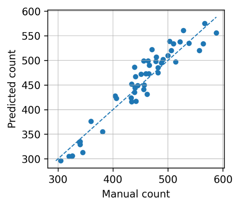 Manual reference count versus predicted count for the fine-tuned 2K-to-4K configuration.