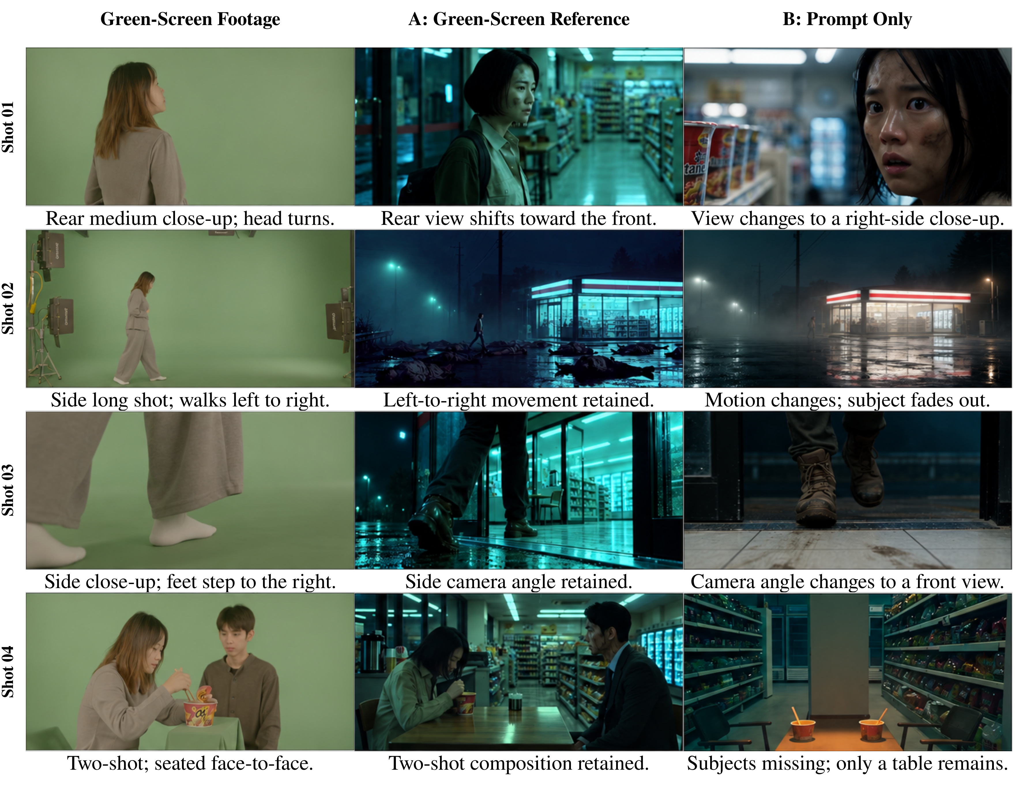 Frames extracted from source and generated videos for four selected shots