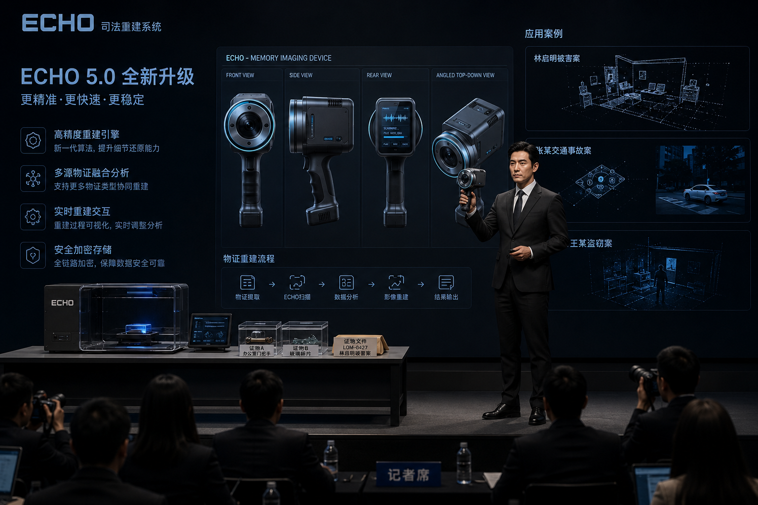 Figure 1. AI-generated ECHO product-demonstration image from the project's production materials. The formal staging represents technological authority within the fictional story.