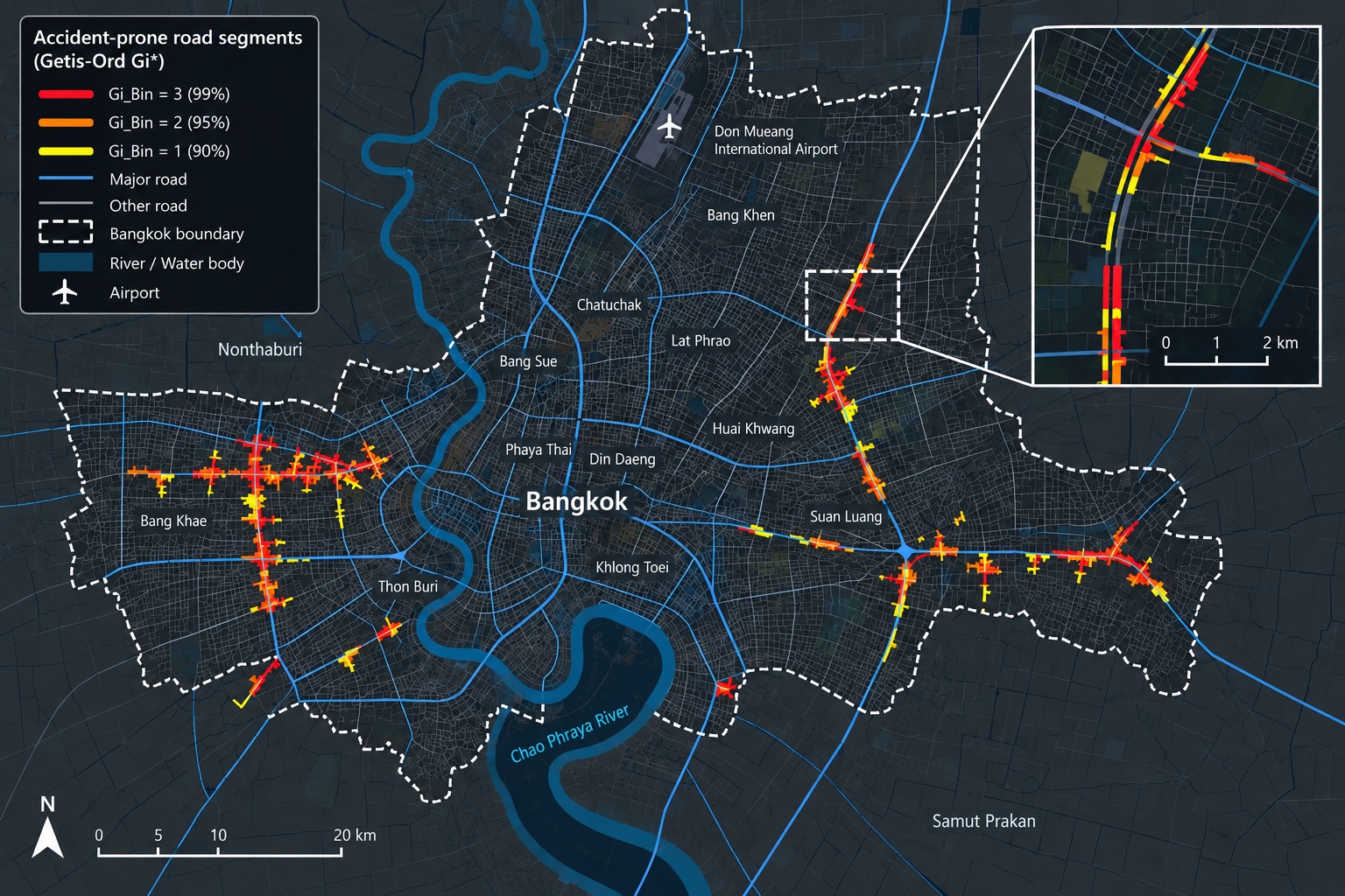 Accident-prone road segments in Bangkok identified using Getis-Ord Gi* (Gi_Bin > 0), coloured by confidence level (red: 99%; orange: 95%; yellow: 90%), shown on the application’s night basemap.