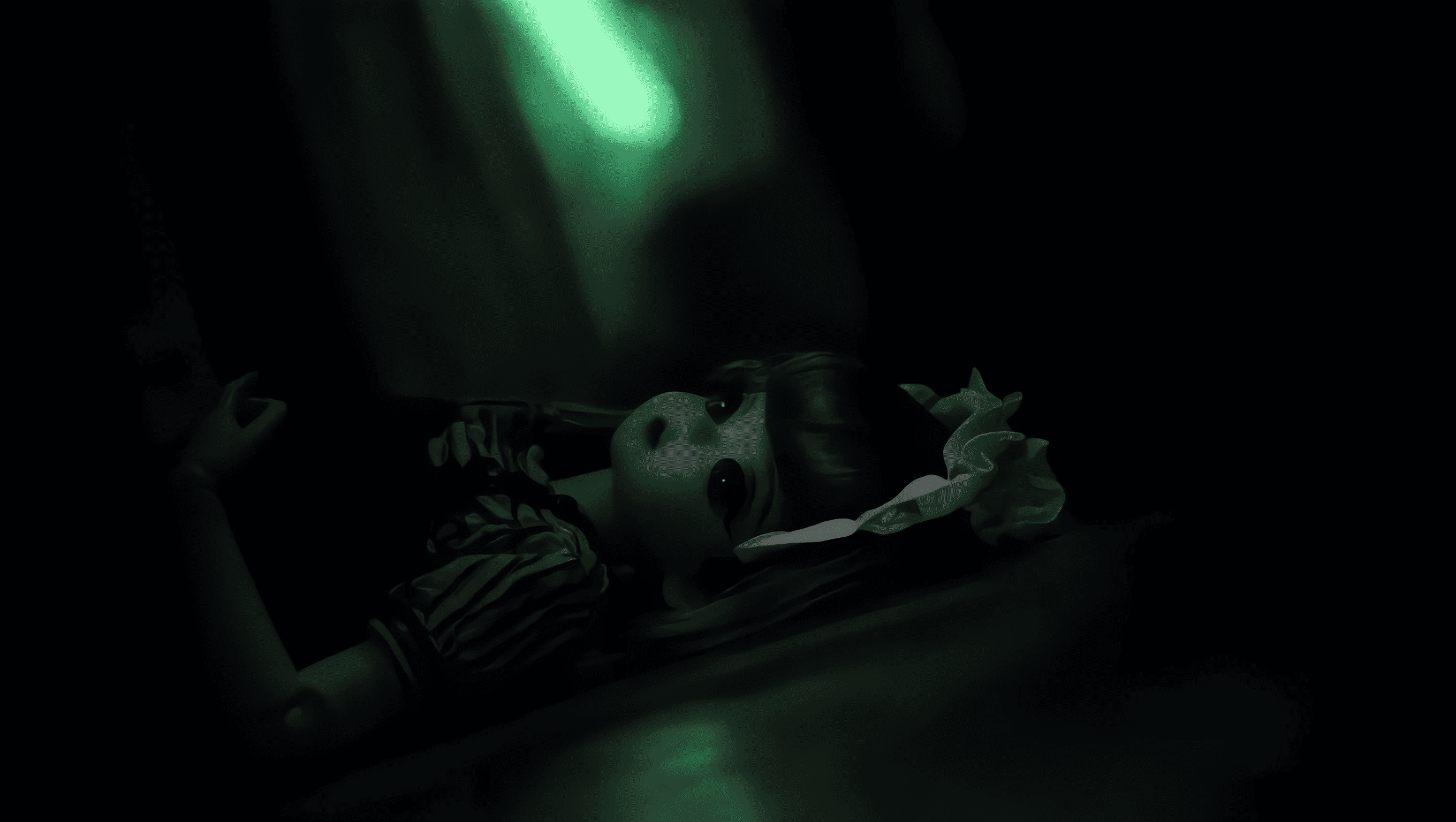 A distorted doll in a dark setting