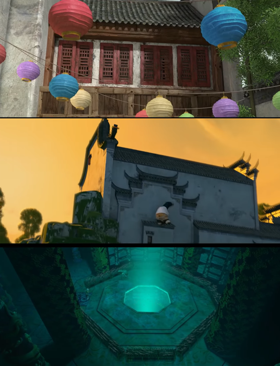 Stills from Kung Fu Panda showing Chinese architectural design.